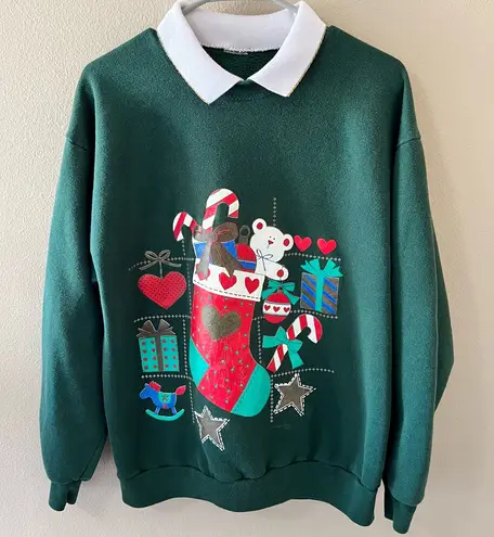 Vintage Ugly Christmas Sweatshirt Adult Medium Green Stocking 90s Shirt Top