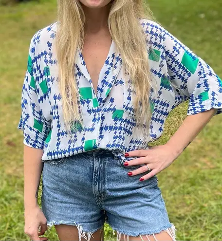 Saved By The Bell Style Women’s 80’s Button Up Retro Print Sheer Collared Blue Size undefined - Image 1