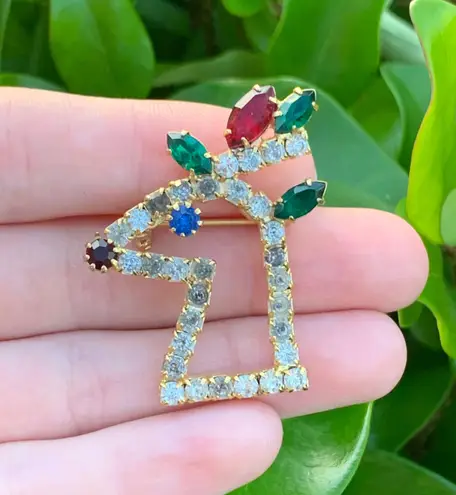 Vintage Christmas Reindeer Head Brooch Pin w/ Gems Gold