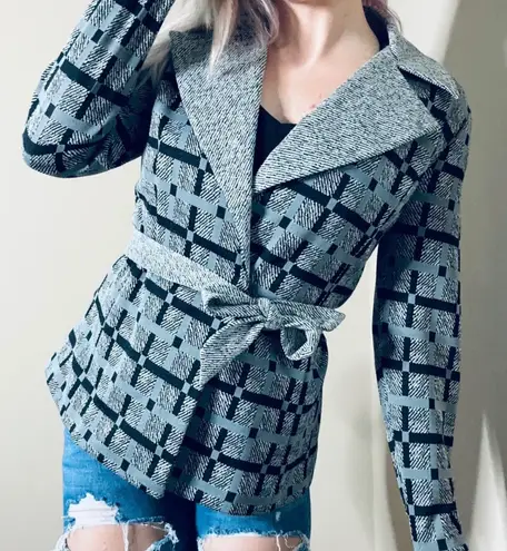 Vintage 70s/80s Ned J. geometric checkered print tie waist blazer Gray Size 8