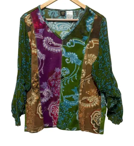 Bila Woman Boho Patchwork Paisley Top 2X Multicolor Sequin Festival Multimedia Green