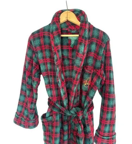 Ralph Lauren Lauren  Womens Small Fleece Bath Robe Green Plaid Belt Logo Holiday