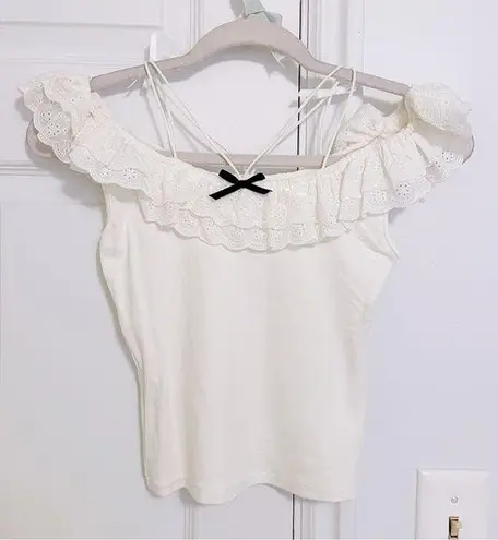 Japanese Kawaii White Cotton Off Shoulder Ruffle Lace Black Bow Shirt Blouse Top Size XS