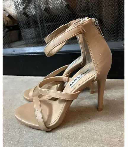 Steve Madden  High Feelya Heel Shoe Size 7 M Tan Ankle Strap 4” Stiletto Back Zip