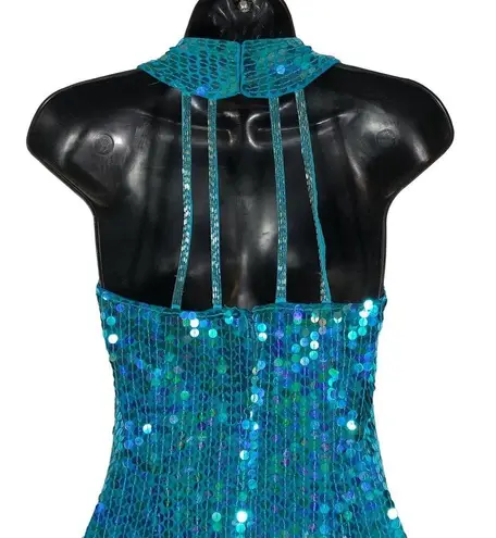 Vintage 90s Teal Sequin Mini Dress Concert Party Cocktail Sleeveless Mermaid