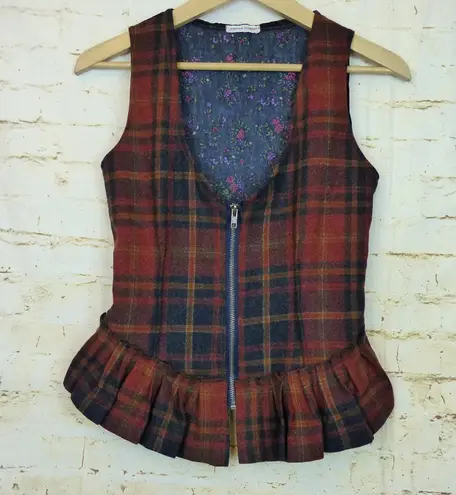 Handmade Womens Vest XS Orange Tartan Plaid Front Zipper Ruffle Peplum Grunge Y2K Handmad