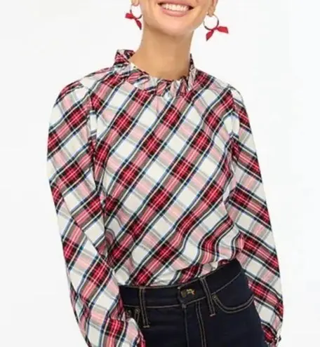 J.Crew  Plaid Poplin Ruffle Neck And Sleeves Top Preppy Blouse LARGE