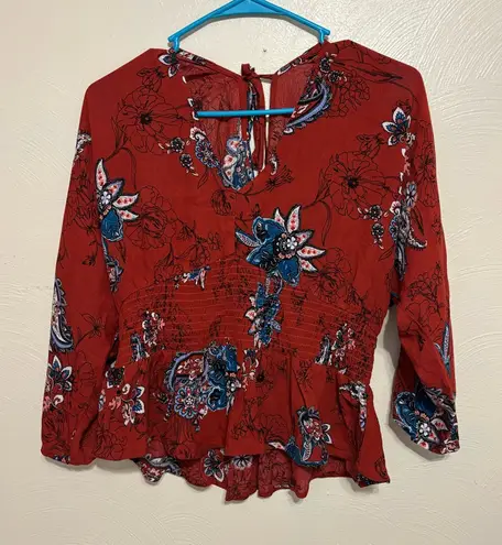 Gypsies & Moondust 🍁 Rust Floral Smocked Peplum Blouse – Size L