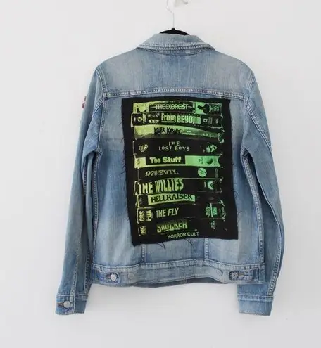 Custom Patchwork Boyfriend Trucker Jean Jacket Blue Size M