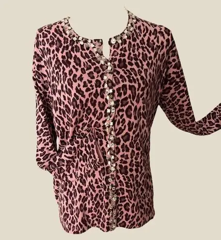 Quacker Factory Sweater, The  Womens Purple Animal Print Cardigan Bling Button Up