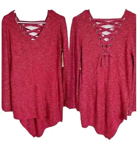 Democracy NWT Womens  Berry Back Lace Up Asymmetrical Bell Sleeve Knot Sweater S