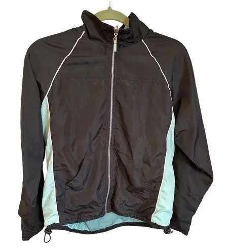Womens Black Track Jacket Full Zip White Trim Athletic Teal Accents Large