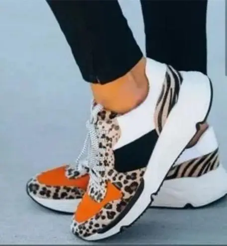 White Raven Willow Leopard Sneaker with Black and Orange Size 10