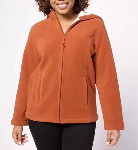 Denim & Co. Rust Zip Front Fleece Jacket with Hood and Sherpa Lining size 3X Orange