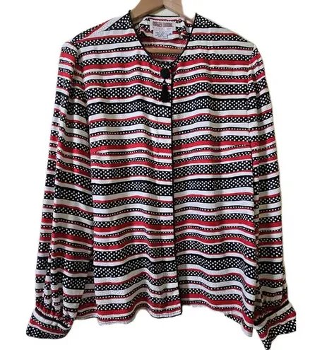 Maggy London Blouse Red White Striped Polka Dot Button Front Silk Top Size 14