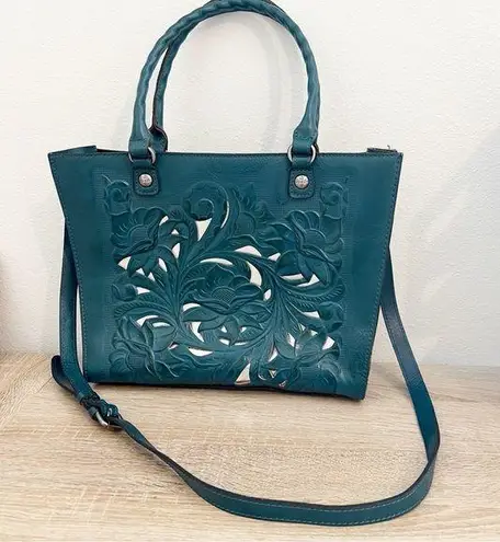 Patricia Nash  Zancona Tote Tooled Leather Cutout Blue Coral Crossbody