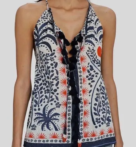 Farm Rio Tank Top Afternoon Breeze Beaded Tassel Tie Cotton Blouse Sz L NWT