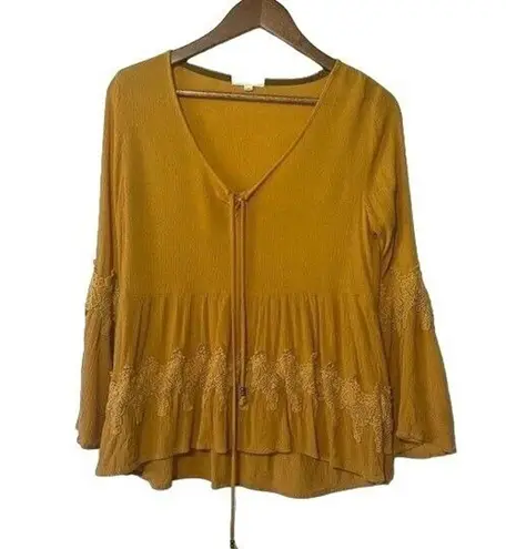 Taylor & Sage Womens Small Mustard Bell Sleeve Tie V-Neck Boho Peasant Blouse