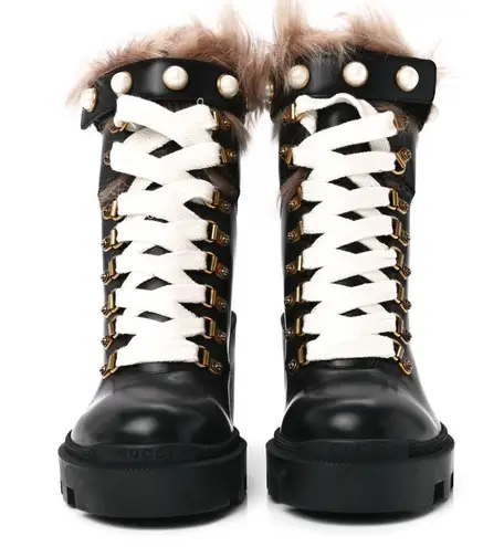 Gucci  Trip Black Lace Up Heel Combat Boots with Fur Trim & Pearl Details Size 5