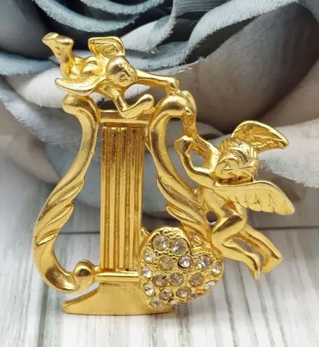 Vintage Gold Tone Harp Brooch Pin Cupid Angels Rhinestone Heart 1.75"