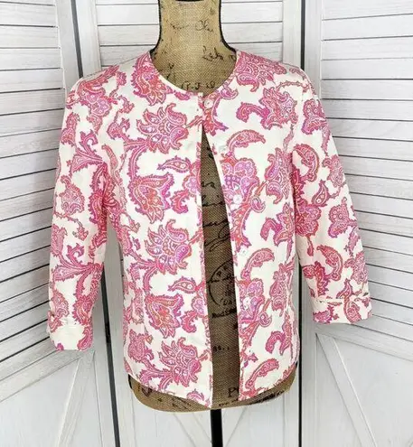 Sigrid Olsen  Floral Damask Cotton Silk Blazer Jacket Cream Pink 4 Snap Front