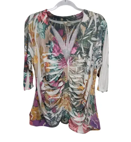 Susan Lawrence Y2K Floral Button Front Cardigan Top Womens XL White Cotton Blend