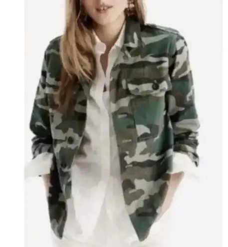 J. Crew Green Camo Camouflage Military Canvas Shirt Pocket Utility Jacket Sz XS