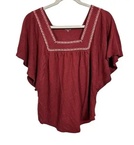 Garnet Hill Women Sz S Linen Blend Embroidered Square Neck Flutter Sleeve Top