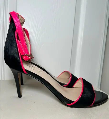 ESSENTIEL Antwerp Heels Sandals Black Pony Hair Neon Pink Trim Ankle Strap 9.5
