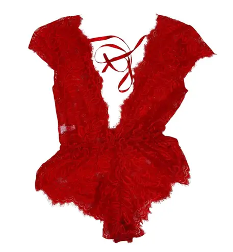 Anyou Teddy Lingerie Womens XS Red Sexy Lace One Piece Romper Plunging V