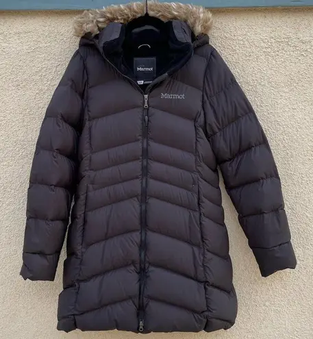 Marmot Black Montreal Long Down Puffer Jacket Faux Fur Hood S 700 Fill
