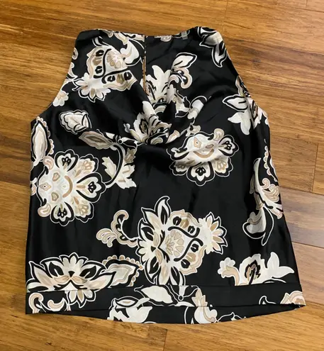 Elie Tahari Elie Tahari Floral Print Top Sleeveless Blouse Cowl Neck Black Beige Size XS
