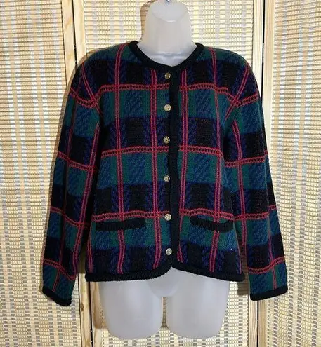 Tally Ho Vintage 1990s Y2K Plaid Tartan Button Down Cardigan Sweater Wool Medium Green