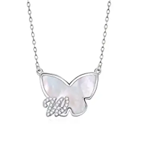 Butterfly Letter W White Initial Necklace in 925 Sterling Silver Jewelry Gift