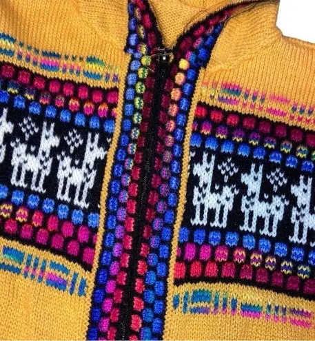 Vtg Y2K Handmade Sz Small Full Zip Hooded Mexican Poncho Boho Sweater Multicolor Yellow