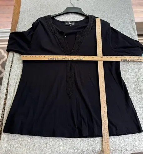 Liza Byrd Tunic Top Blouse Shirt Long Sleeve Black Appliqué Trim XL G4