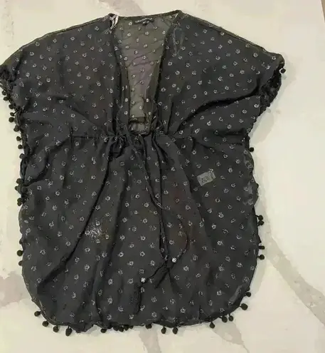 Club Z Collection Black Sheer Cinch Waist Pompom Trim Swim Cover Up Women Medium