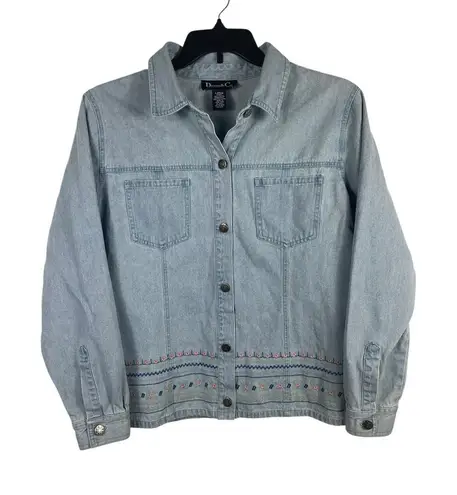 VTG Y2K Denim & Co. L Denim Jacket Embroidered Floral Boho Light Wash Top Blue Size L