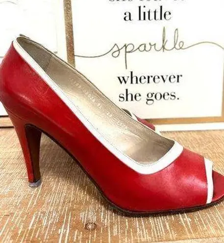 VTG Ottorino Bossi Italian Leather Pumps Red White Trim Open Toe EU 38/US 7.5B Size 7.5
