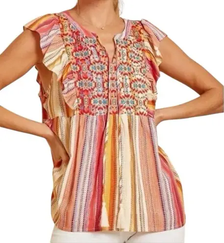 Savanna Jane Daria Aztec Embroidered Colorful Striped Woven Top Size Large Pink