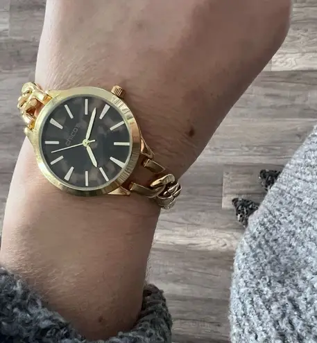 Chico’s Tortoise Face Gold Tone Chunky Chain Link Watch Brown