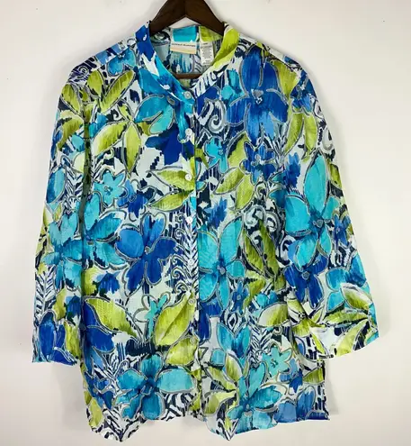 Alfred Dunner Blouse 18W Blue Floral Button Front Coastal Grandma Resort Artsy