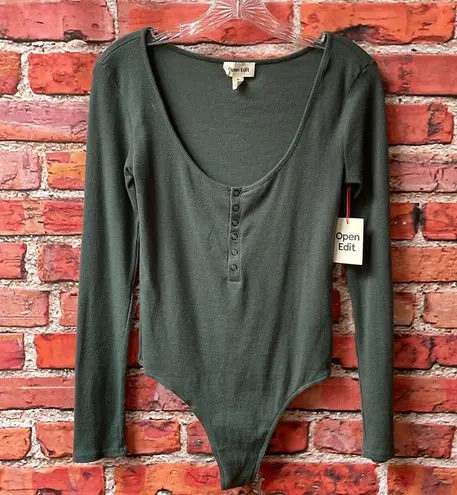 Open Edit Olive Green  Button Up Scoop Neck Long Sleeve Bodysuit