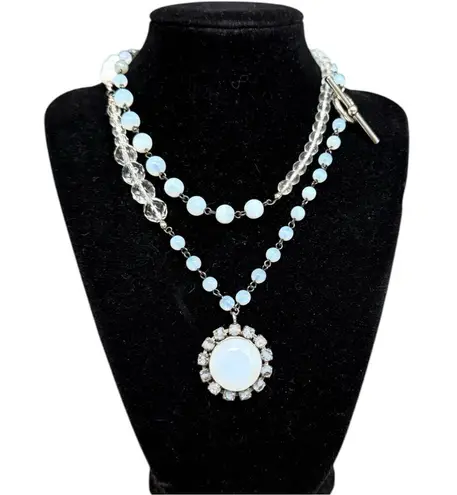 Faceted Opalite & Crystal Boho Bead Necklace with Pendant 18” Toggle Clasp Silver