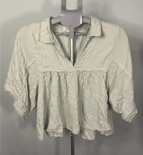 Bohme Women's Top Medium Collared Frayed Hem Green Peplum Bohemian Blouse