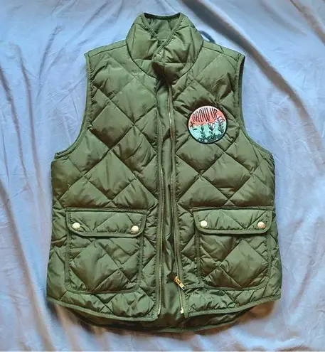 Woolrich Olive Green Down Quilted Vest w/ Added "Grow Up" Flower Patch Size S