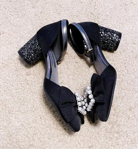 Japanese En Punto Black Shimmery White Pearl Bow Glittery Low Heels Pumps Heels Size undefined