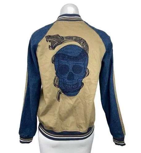 Epic Threads Motorcycle Moto Denim Skull Embroidery Zip Up Bomber Jacket Size L Size L