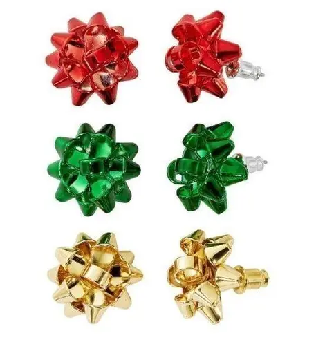 Set of 3 Christmas Bow Stud Earrings Green