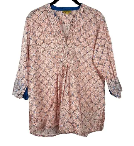 Roberta Roller Rabbit Small 100% Cotton Orange White & Blue Printed VNeck Blouse